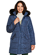 Water Resistant Parka Style Jacket With Detachable Hood And Faux Fur - Navy