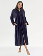 Zip Through Ribbed Fleece Dressing Gown - Navy