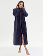 Zip Through Ribbed Fleece Dressing Gown - Navy