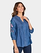 Embroidered Sleeve Pintuck Denim Shirt - Light Stonewash