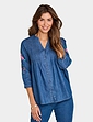 Embroidered Sleeve Pintuck Denim Shirt - Light Stonewash