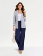 Tailored Linen Mix Stripe Roll Cuff Blazer - Navy White Print