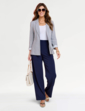 Tailored Linen Mix Stripe Roll Cuff Blazer - Navy White Print