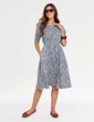 Smock Cuff and Waist Print Viscose Dress - Blue Print