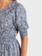 Smock Cuff and Waist Print Viscose Dress - Blue Print