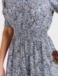 Smock Cuff and Waist Print Viscose Dress - Blue Print