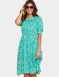 Smock Cuff and Waist Print Viscose Dress - Eden Green
