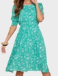 Smock Cuff and Waist Print Viscose Dress - Eden Green
