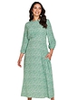 3/4 Sleeve Gathered Print Viscose Crepe Dress Soft Green