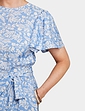 Angel Sleeve Pleat Front Print Dress - Blue Floral