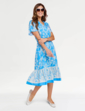 Border Print Short Sleeve Dress - Blue