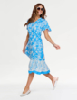 Border Print Short Sleeve Dress - Blue