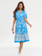 Border Print Short Sleeve Dress - Blue