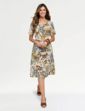 Linen Mix Print Dress - Natural