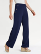 Gold Button Texture Crepe Trouser - Navy