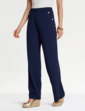 Gold Button Texture Crepe Trouser - Navy