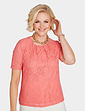 Short Sleeve Pleat Neck Lace Top - Coral