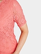 Short Sleeve Pleat Neck Lace Top - Coral