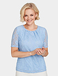 Short Sleeve Pleat Neck Lace Top - Pale Blue