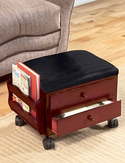 Padded Footstool with Drawer Storage and Lockable Castors Mahogany