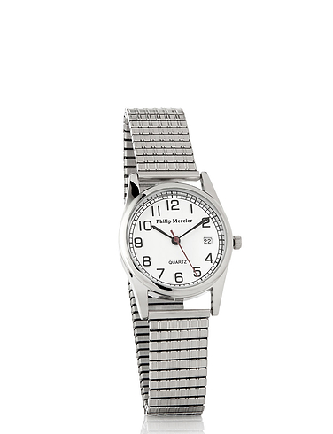 Mens Quartz Date Watch with Expander - Silver