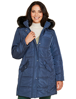 Water Resistant Parka Style Jacket With Detachable Hood And Faux Fur Navy