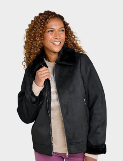 Bonded Zip Front Faux Shearling Jacket Black