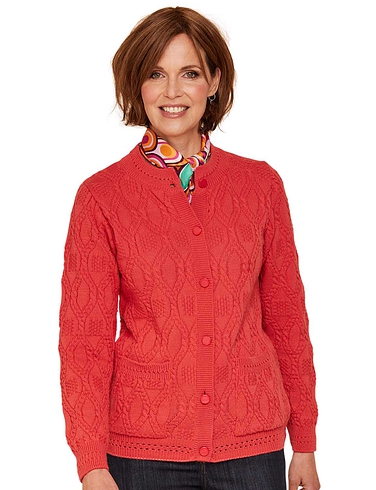 Cable and Diamond Design Cardigan - Coral