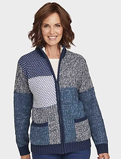 Patchwork Fleece Trim Cardigan Blue