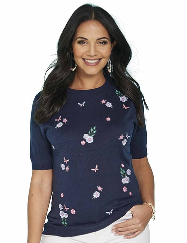 Embroidered Butterfly and Floral Short Sleeve Jumper