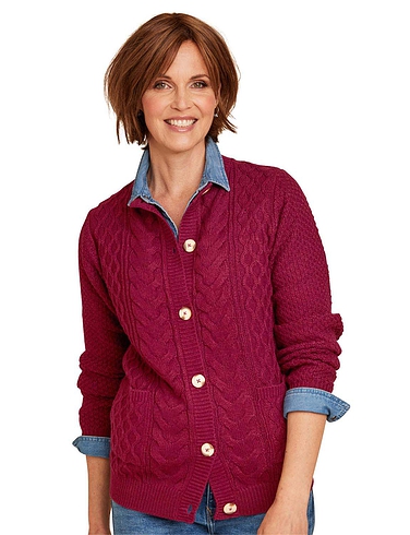 Cable Button And Pocket Cardigan - Wine