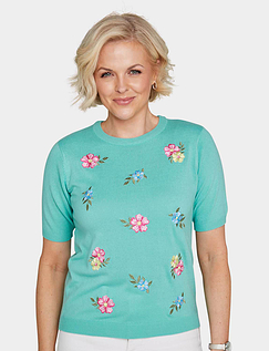 Short Sleeve Embroidered Jumper - Turquoise
