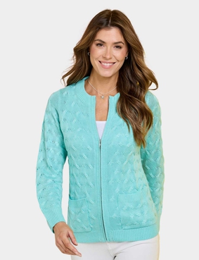 Cotton Like Cable Zip Cardigan Aqua