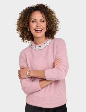 Feather Yarn Jumper with Decorative Neck Trim Teal