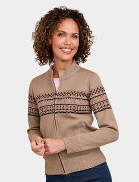 Fleece Lined Fairisle Inspired Knit Cardigan Blue