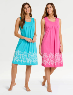 Pack of 2 Sleeveless Print Hem Nightdresses Blue & Coral