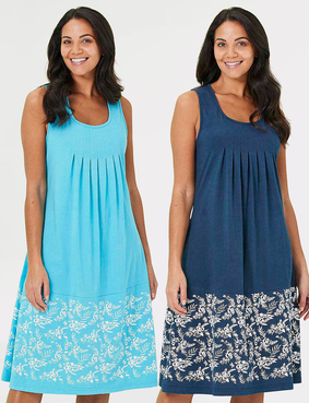 Pack of 2 Sleeveless Print Hem Nightdresses Blue & Coral
