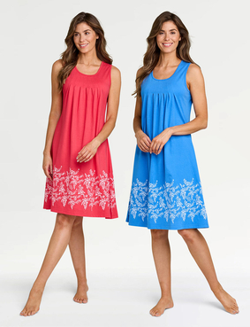 Pack of 2 Sleeveless Print Hem Nightdresses Blue & Coral