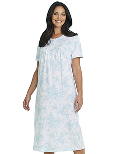 Broderie Lace Trim Floral Print Jersey Nightdress Blue