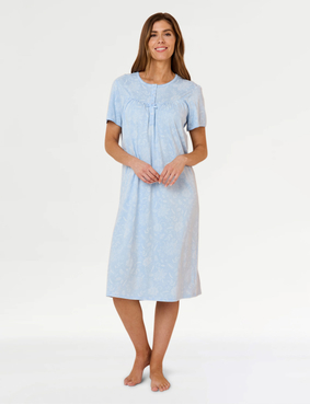Cotton Jersey Print Nightdress with Picot Trim Aqua