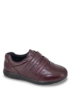 Wide Fit Leather Touch Fasten Trainer - Burgundy