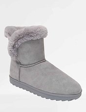 Ladies Wide Fit Pull On Faux Fur Trim Mock Suede Boot Grey