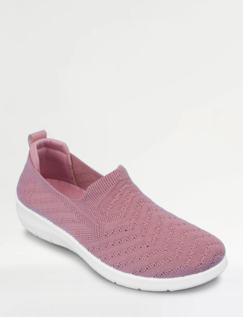Wide Fit Knit Fabric Slip On Trainers Beige