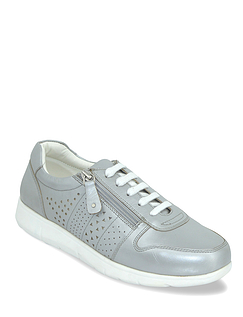 Pearlised Leather Wide Fit Trainers with Side Zip Grey