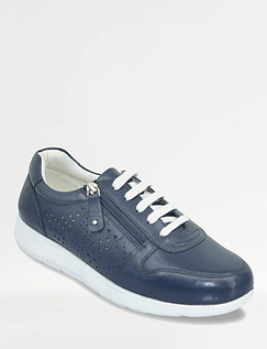 Pearlised Leather Wide Fit Trainers with Side Zip - Navy