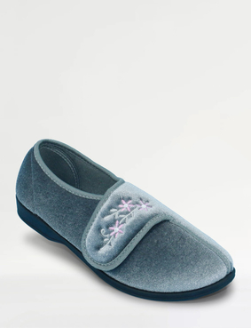 Embroidered Touch Fasten Velour Slipper Grey