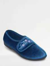 Embroidered Touch Fasten Velour Slipper Grey