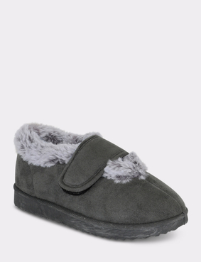 Touch Fasten EE Fit Mock Suede Bootee Slipper Grey