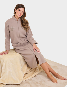 Knitted Zip Embroidered Dressing Gown Green