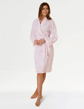 Slub Cotton Woven Print Wrap Robe Pink